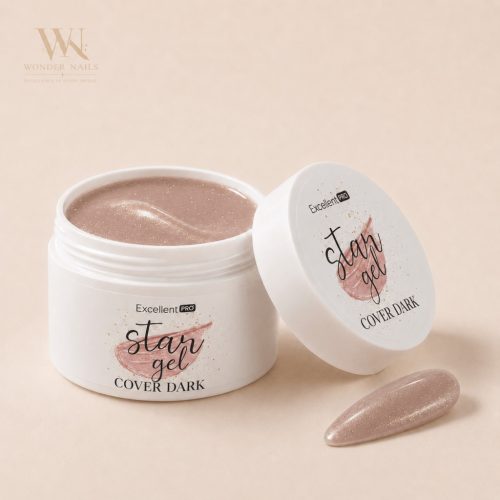Excellent PRO Star Gel Cover Dark 50 g tégely és hűvös sötétebb bézs aranycsillámos körömminta