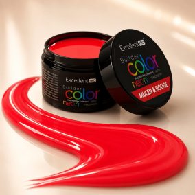 Excellent PRO Mulen & Rouge 15 g építőzselé nyitott tégelye és neonpiros zselécsík