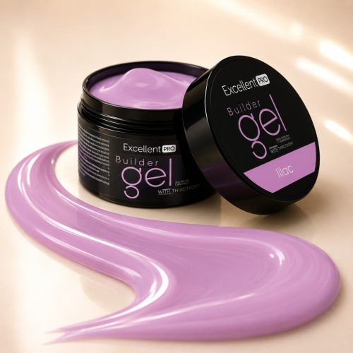 Excellent PRO Lilac 15 g építőzselé nyitott tégelye és rózsás-lila zselécsík