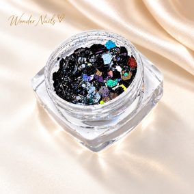 Glitter Mix Fekete Irizáló 14. csillámkeverék nyitott tégelyben, világos háttéren