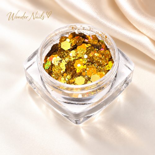 Glitter Mix Irizáló Arany 20. csillámkeverék nyitott tégelyben, világos háttéren
