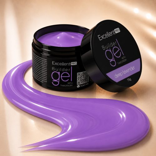 Excellent PRO Deep Lavender 15 g építőzselé nyitott tégelye és levendulalila zselécsík