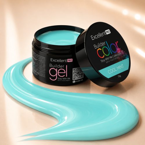 Excellent PRO Cool Mint 15 g építőzselé nyitott tégelye és pasztellmenta zselécsík