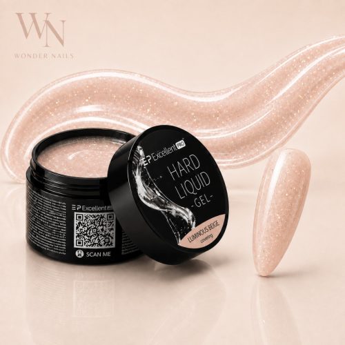 Excellent PRO Hard Liquid Gel Luminous Beige építőzselé tégely és bézs, fóliás árnyalatminta