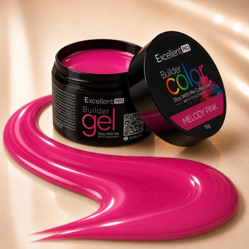Excellent PRO Melody Pink 15 g építőzselé nyitott tégelye és élénk rózsaszín zselécsík