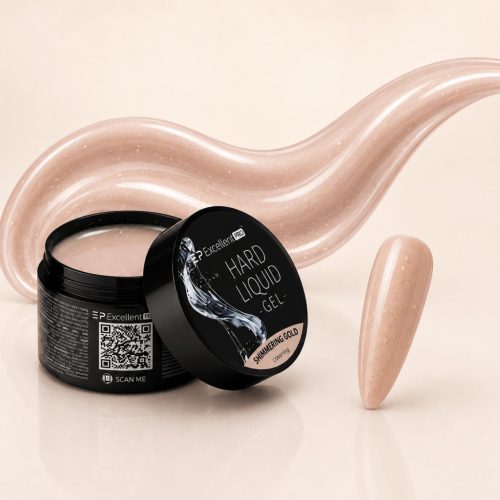 Excellent PRO Hard Liquid Gel Shimmering Gold építőzselé tégely és arany szemcsés világos bézs árnyalatminta