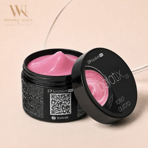 Excellent PRO Gelatix 2.0 Rosa Aurora hűvös rózsaszín holografikus építőzselé nyitott fekete tégelyben