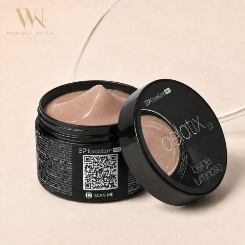 Excellent PRO Gelatix 2.0 Beige Luminoso bézs ezüstös fényű építőzselé nyitott fekete tégelyben