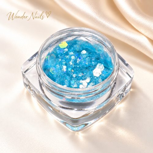 Glitter Mix égszínkék 48. – nyitott tégelyben, champagne szatén háttéren